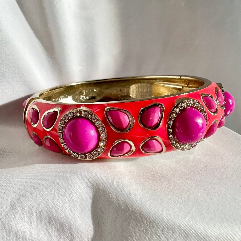 Sequin Brand Orange Hot Pink Stone Rhinestone Gold Tone Hinge Bangle Bracelet